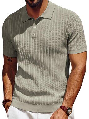 Men's Khaki Knit Short Sleeve Textured Imported Polo T Shirt Casual